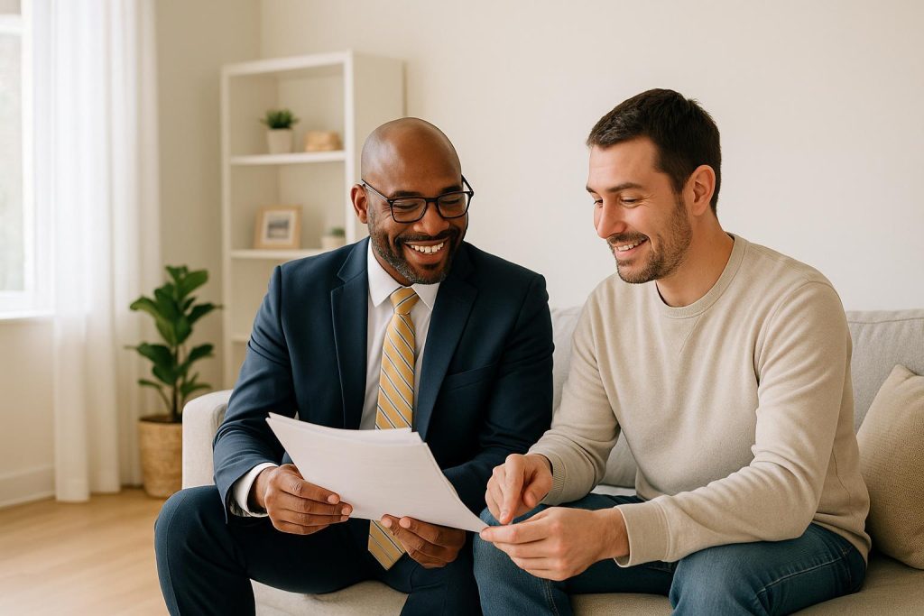 Homeowner meets with an investor to sell house fast in a bright living room.