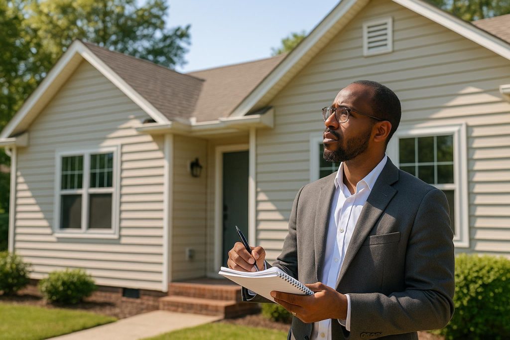 Property investor evaluating a suburban home for a speedy house sale