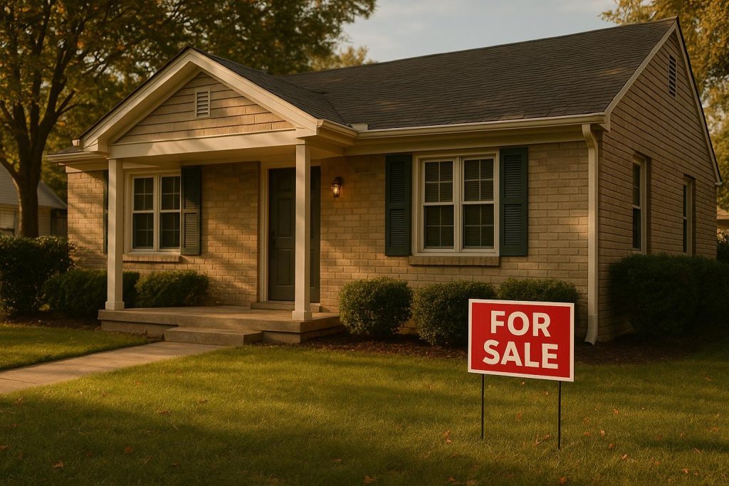 Suburban home front yard with discreet For Sale sign, representing urgent property sale