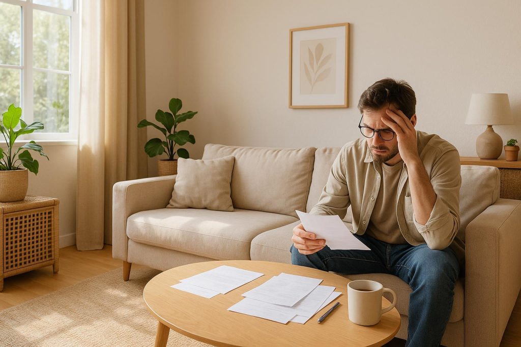 Person stressed about finances in a bright living room, needing to sell my home quickly.