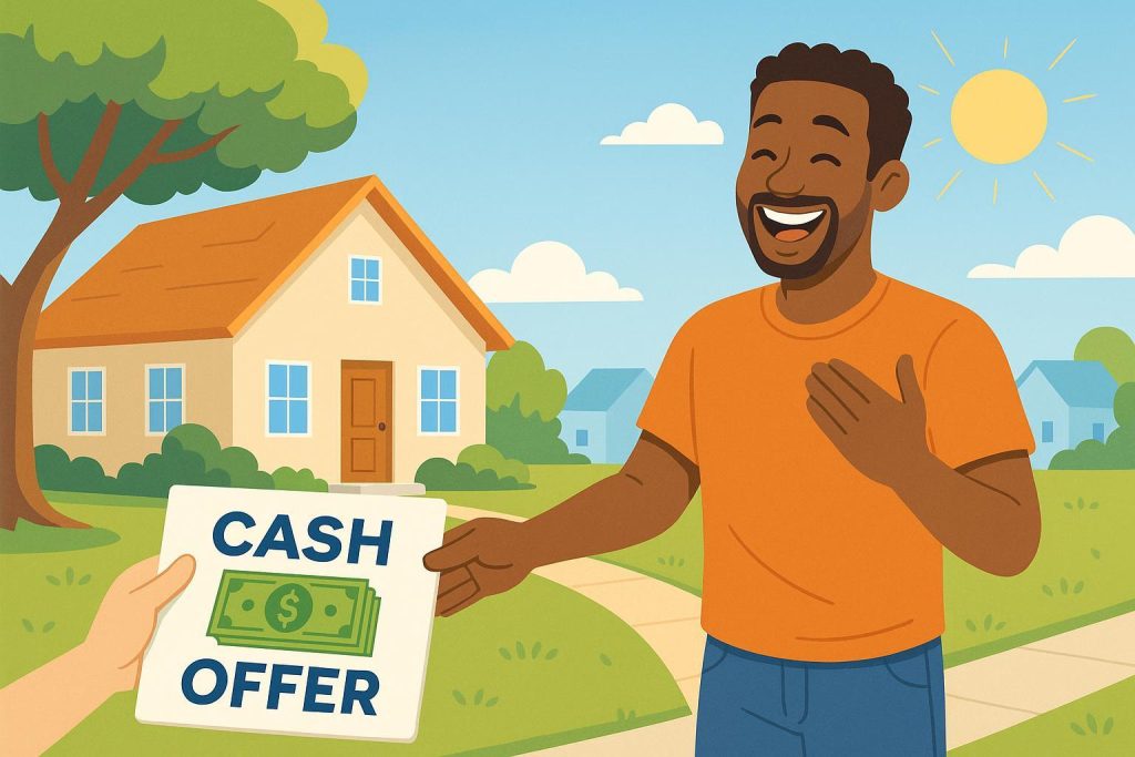 Smiling homeowner receiving a cash offer for a fast home sale on a sunny day.