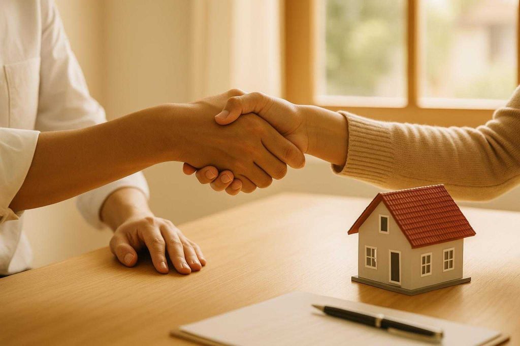 Two people finalize a cash property deal with no hidden fees.