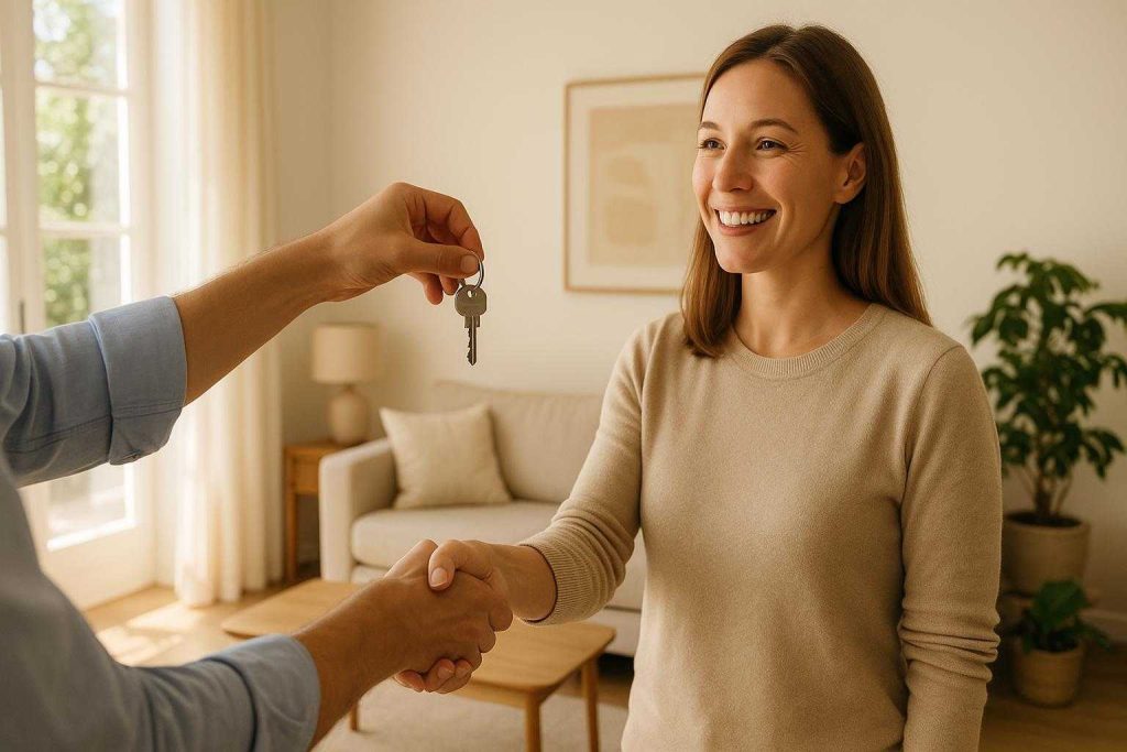 Homeowner receiving keys from a cash buyer, illustrating a quick property closing.