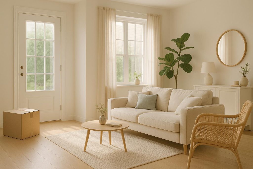 A minimal living area with a moving box near the door, symbolizing a rapid home closing.