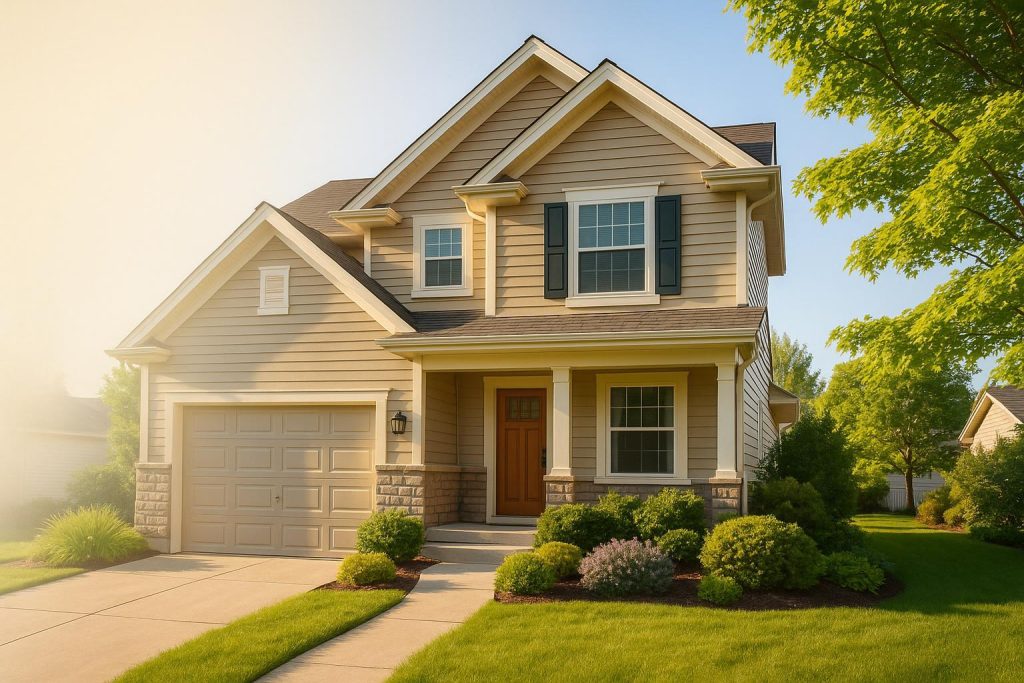 Sunlit suburban home with a neat yard, illustrating a rapid house transaction.