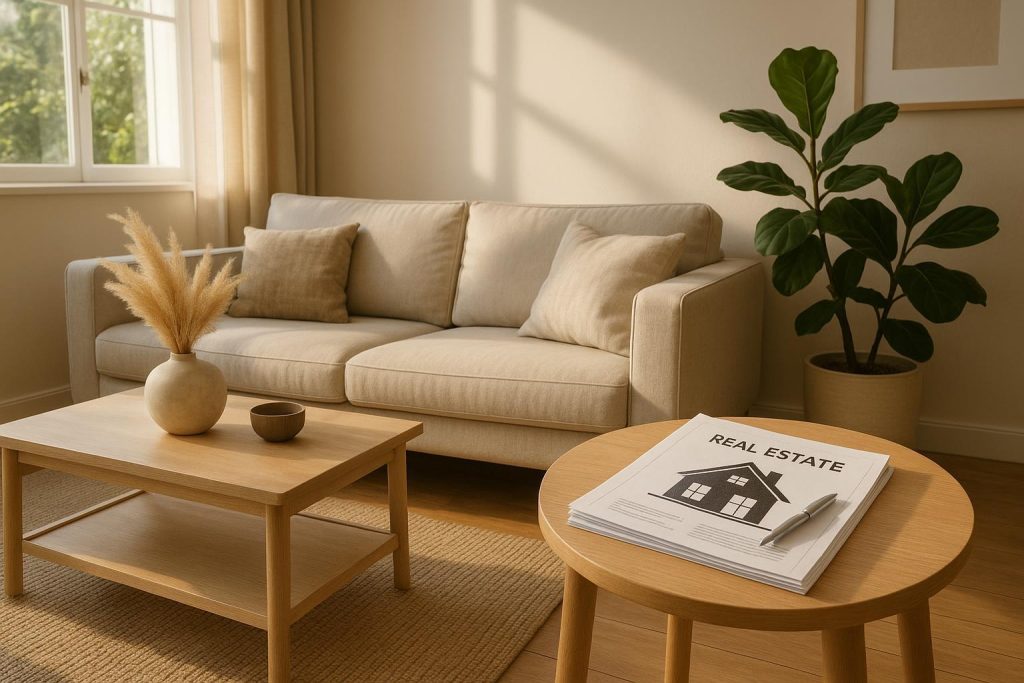 Sunlit living room with real estate paperwork, reflecting quick closing tips when handling a lien.