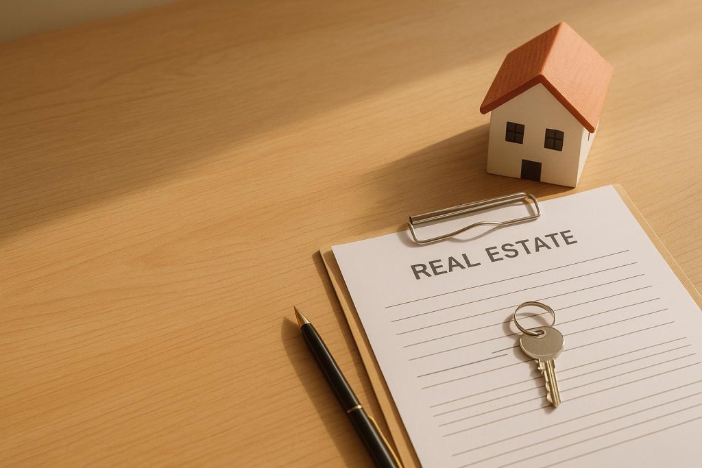 Real estate documents for closing costs in a cash deal, placed on a desk with a small house figurine.