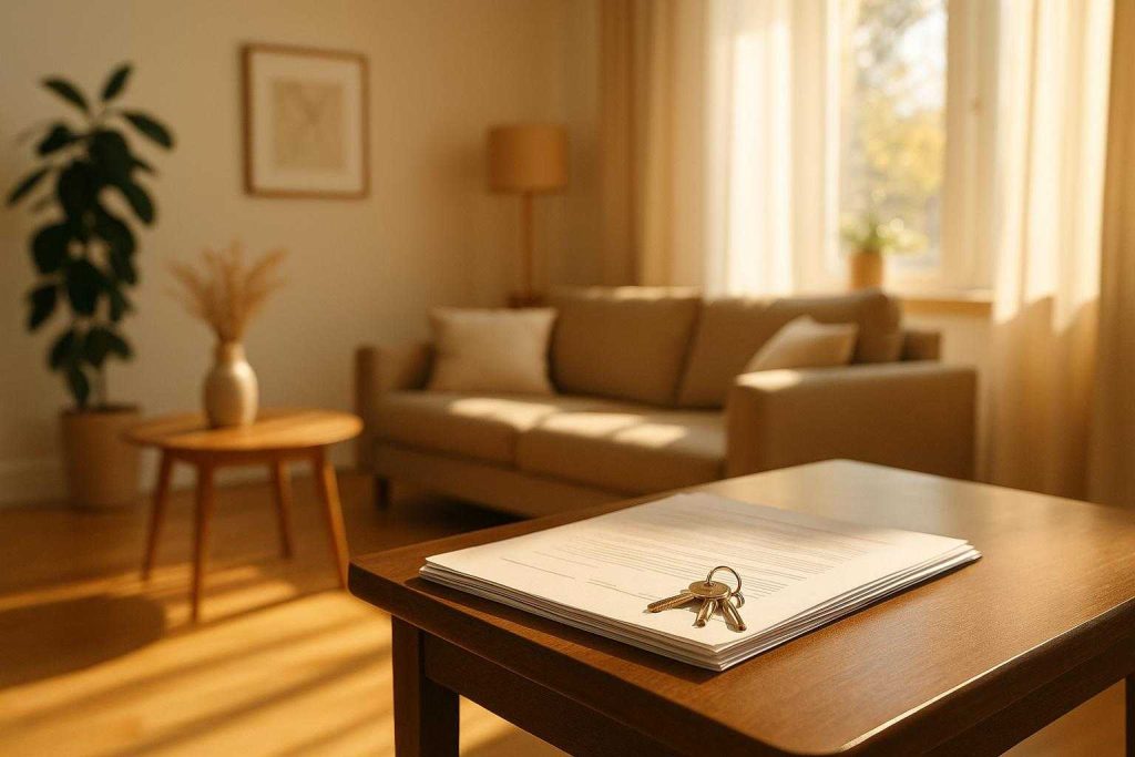 Sunlit living room with keys and papers symbolizing tax on an inherited property.