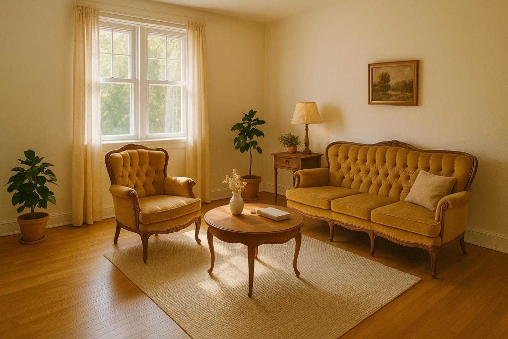 Cozy living room with vintage furniture, symbolizing an inherited property setting.