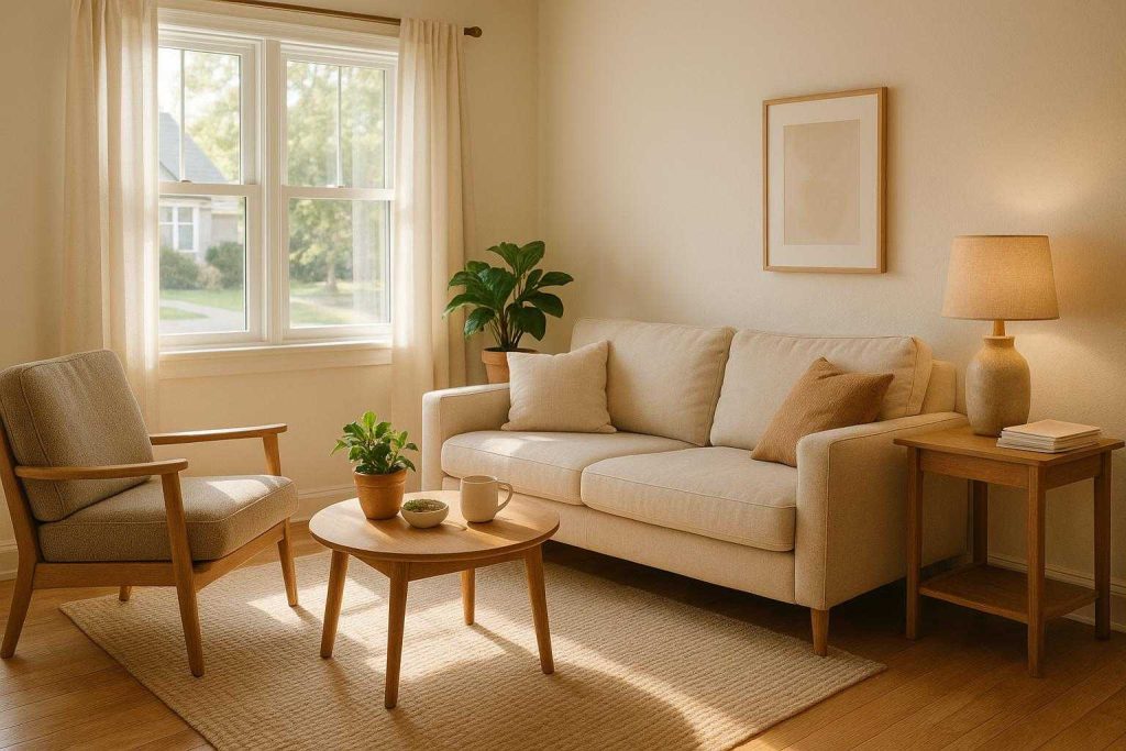 Inviting living room with inheritance documents on a side table, highlighting challenges of selling an inherited home.