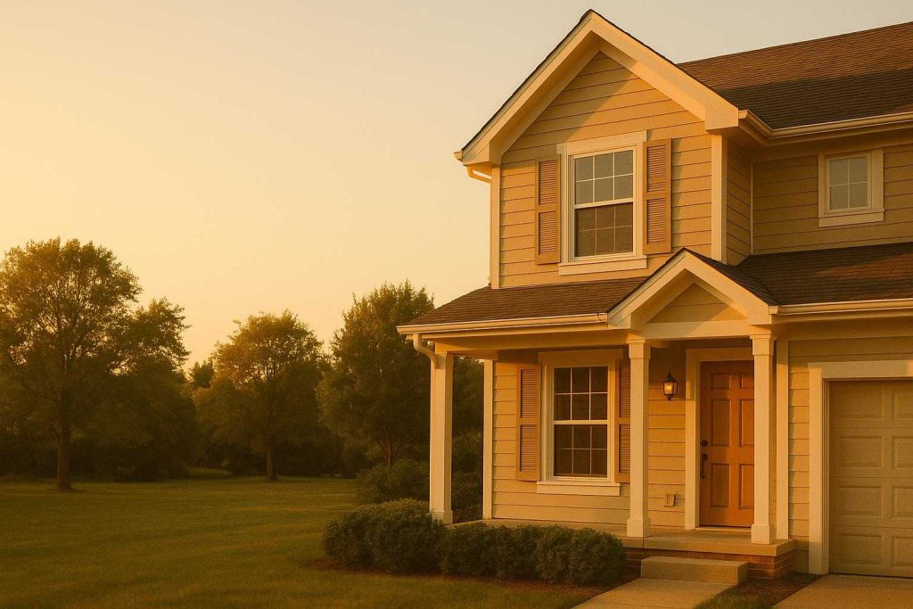 Bright suburban house symbolizing inherited property, with a calm atmosphere.